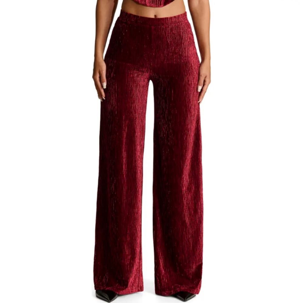 Naked Wardrobe Velvet Wide-Leg Pants Womens M Red Plush Whimsigoth Glam Pull-On - Picture 3 of 11